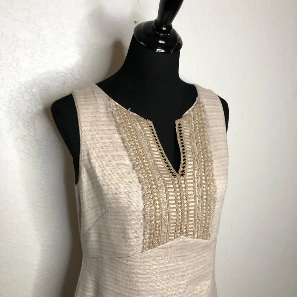 WHBM tan cream fringe trim linen blend sleeveless sheath dress size 8